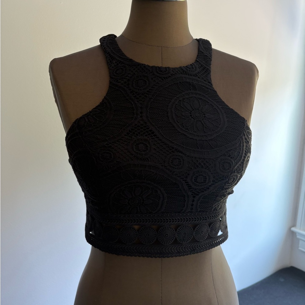 LF Black Embellished Sleeveless Crop Tank Top